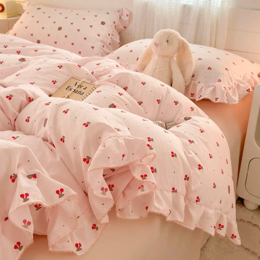 Coquette INS Princess Style Ruffle Lace Bow Bedding Set
