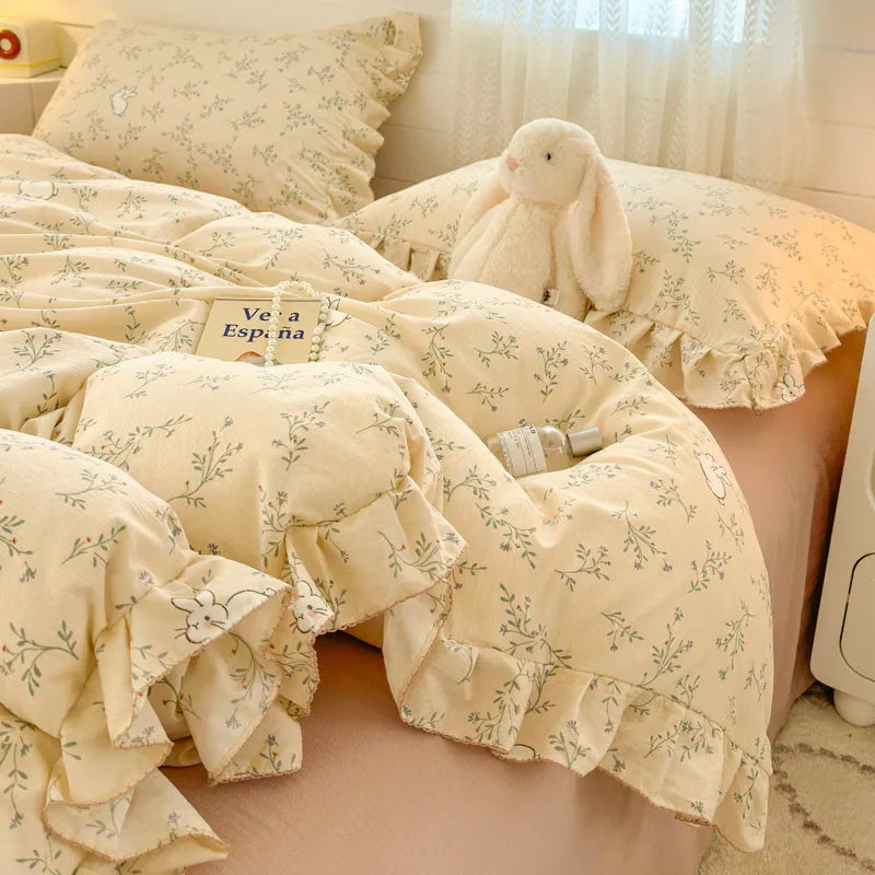 Coquette INS Princess Style Ruffle Lace Bow Bedding Set