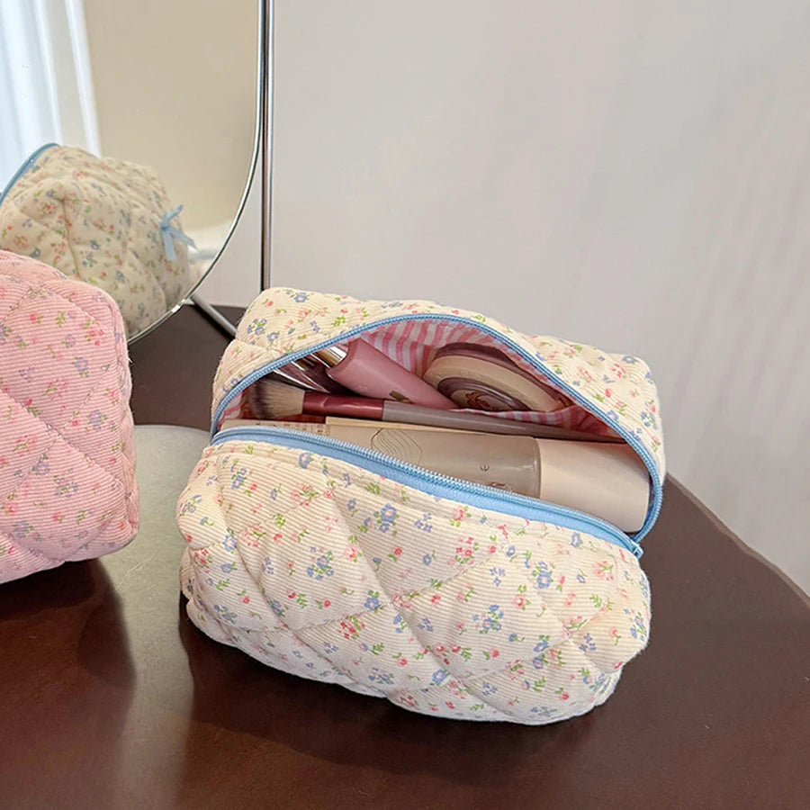 Quilted Cotton Cosmetic Bag with Floral Embroidery