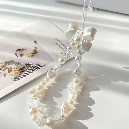 Coquette Sweet White Bow Beaded Phone Charm Lanyard