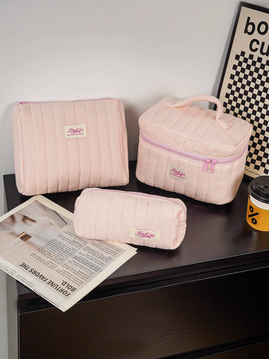 1pc/Set Pink Quilted Makeup Bag