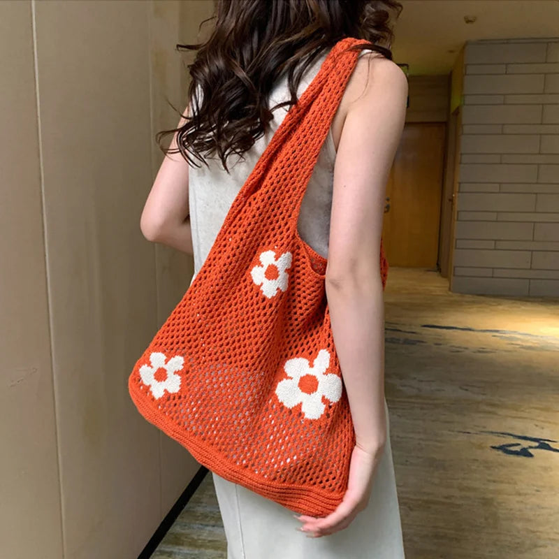 Sweet Flower Knitted Tote Bag