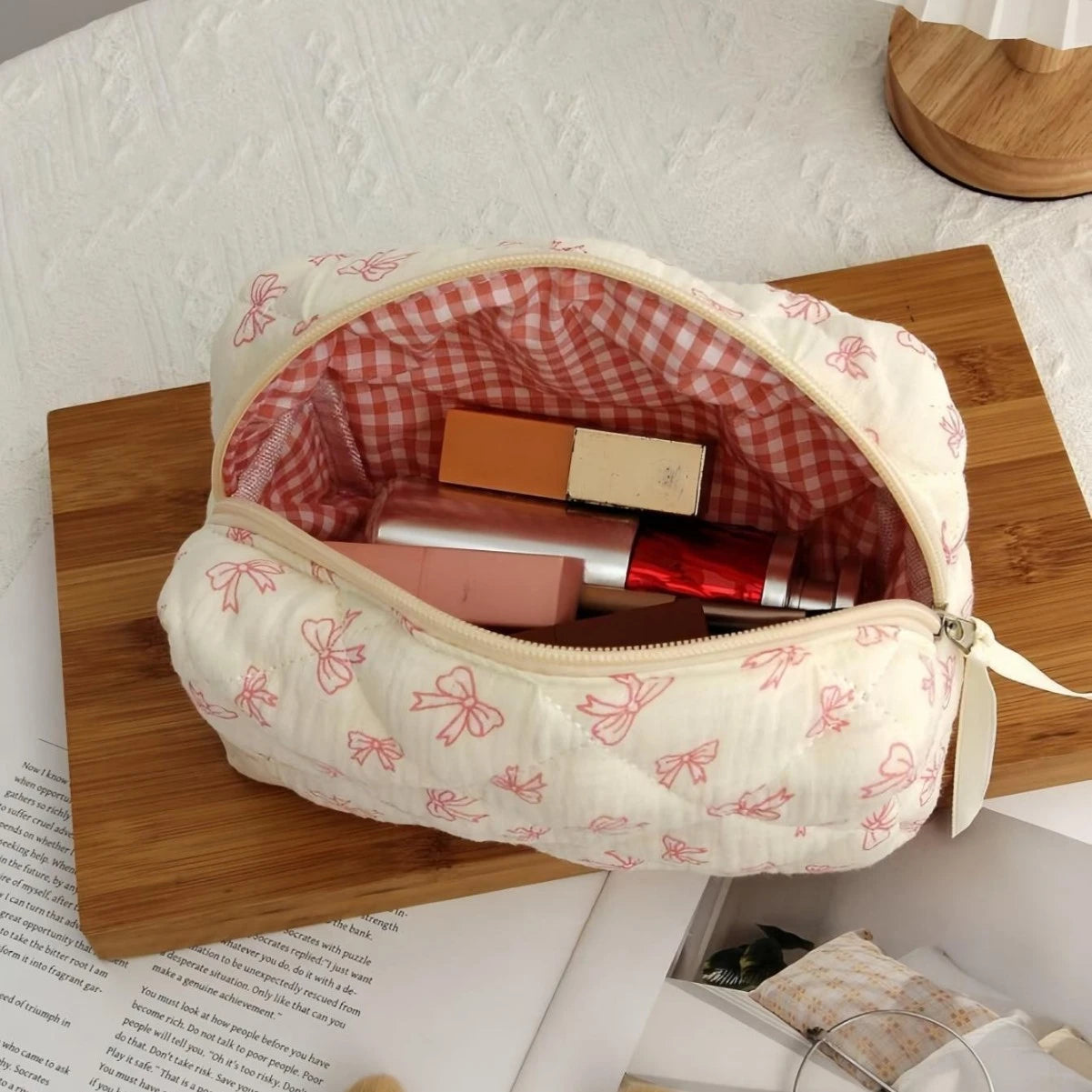 Coquette Floral Bow Cotton Makeup Bag