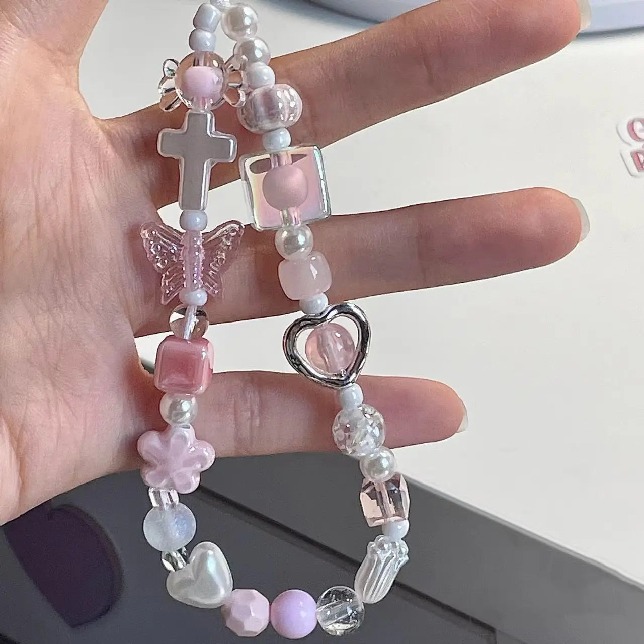 Coquette Pink Heart & Butterfly Beaded Phone Strap Charm
