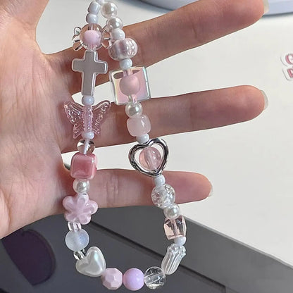 Coquette Pink Heart & Butterfly Beaded Phone Strap Charm