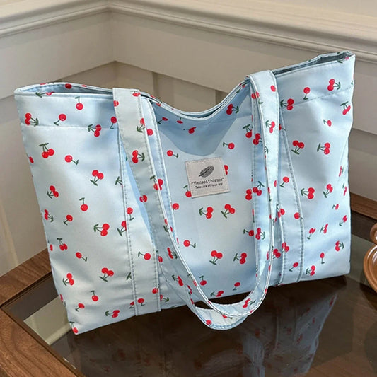 Cute Cherry Print Casual Tote Bag – Large Capacity Shopping Bag