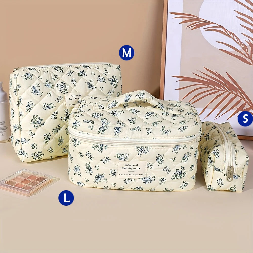 Cute Quilted Cotton Makeup Bag - Portable Zipper Cosmetic Organizer for Women and Girls