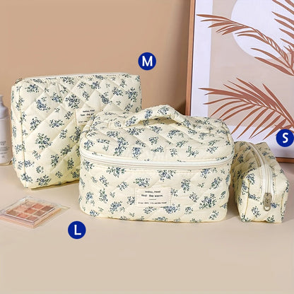 Cute Quilted Cotton Makeup Bag - Portable Zipper Cosmetic Organizer for Women and Girls