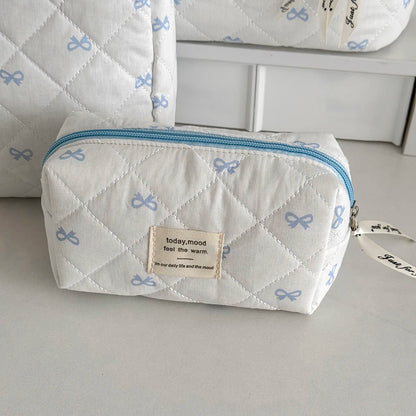 Fashion Blue Bow Quilted Women Cosmetic Bag