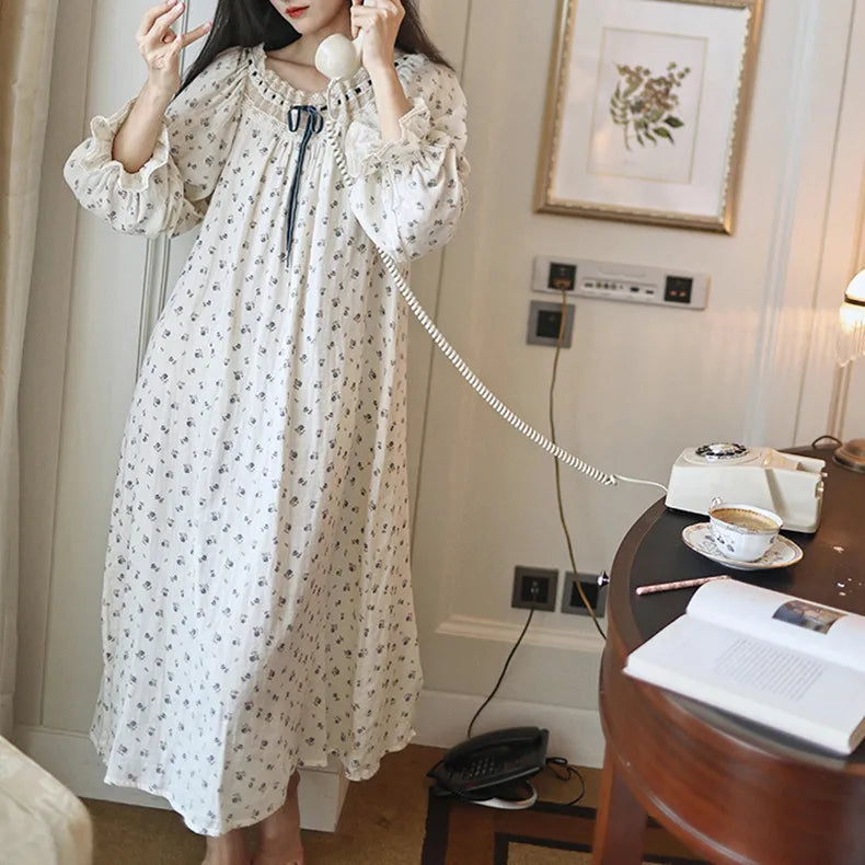 Floral Long Sleeve Nightgown with Ruffle Details