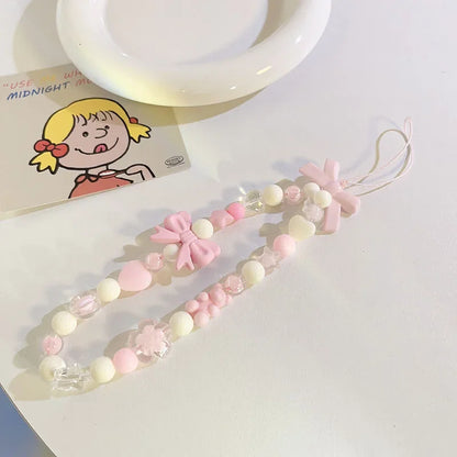 Coquette Pink Bowknot Beaded Phone Strap Set