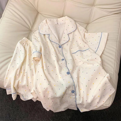Cute Polka Dot Pajama Set with Blue Trim