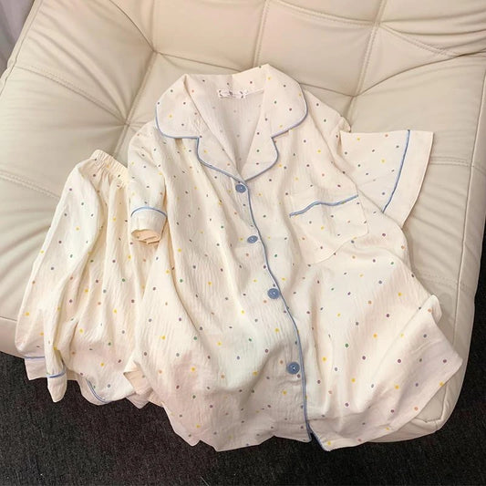 Cute Polka Dot Pajama Set with Blue Trim