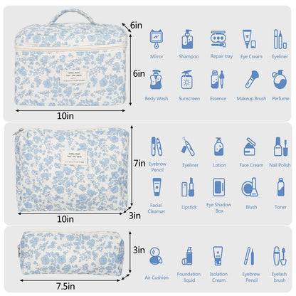 Cute Quilted Cotton Makeup Bag - Portable Zipper Cosmetic Organizer for Women and Girls