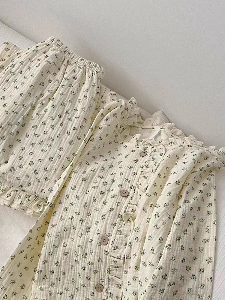Coquette Soft Floral Ruffled Two-Piece Pajama Set