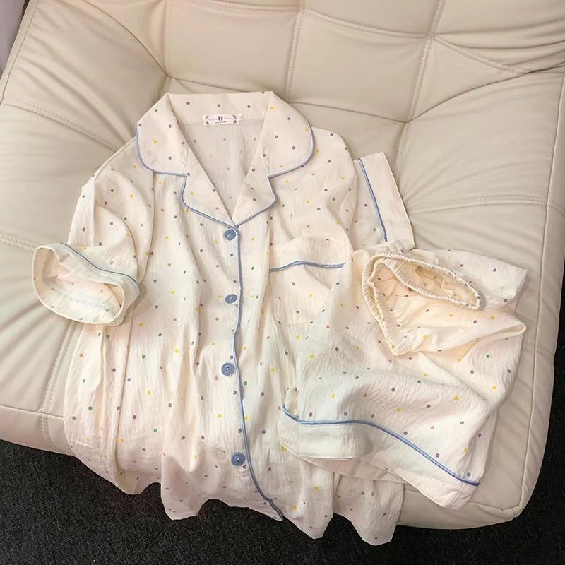 Cute Polka Dot Pajama Set with Blue Trim