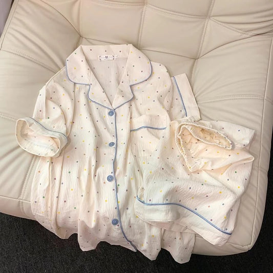 Cute Polka Dot Pajama Set with Blue Trim