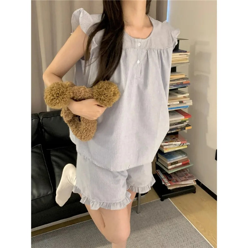 Soft Striped Sleeveless Pajama Set with Ruffle Sleeves
