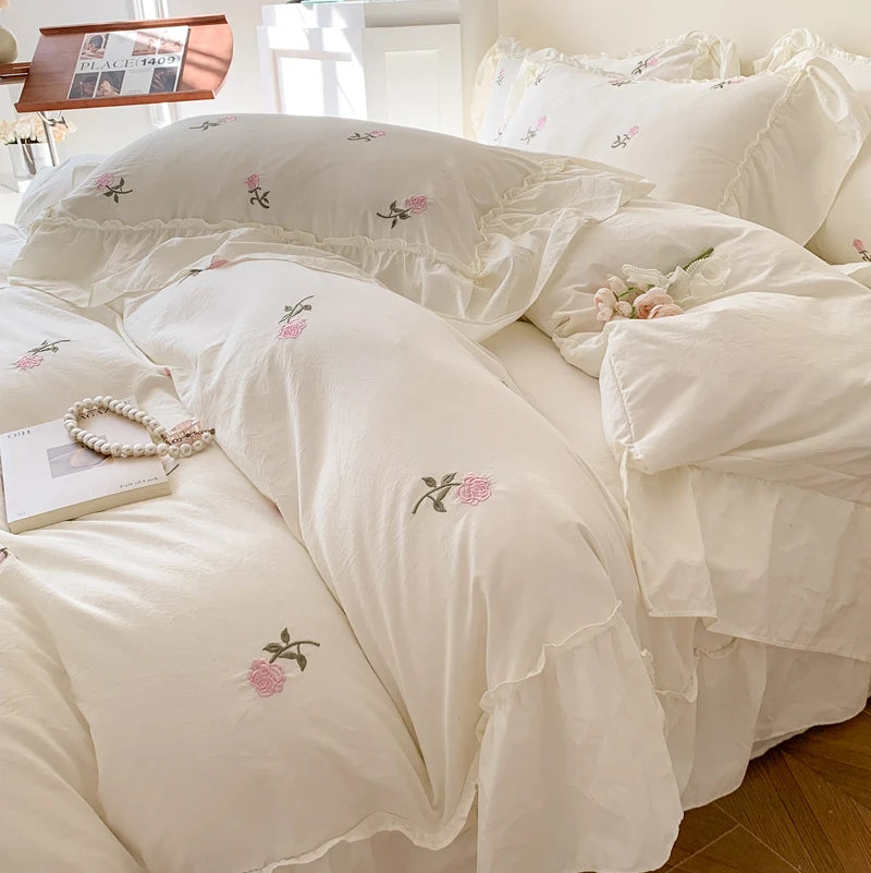 Coquette Twinkle Rose Embroidered Lace Bedding Set