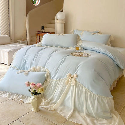 Coquette Blue Ruffle Lace Bow Bedding Set