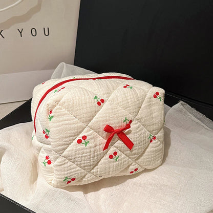 Quilted Cotton Cosmetic Bag with Floral Embroidery