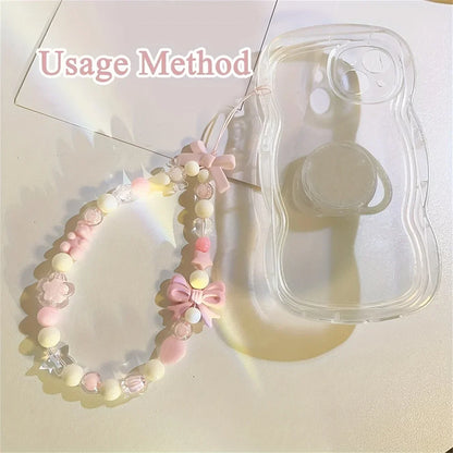 Coquette Pink Bowknot Beaded Phone Strap Set