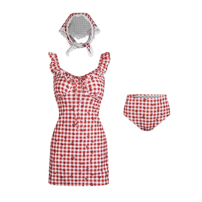 Sweet Plaid 3-Piece Swimsuit Set with Ruffle Trim