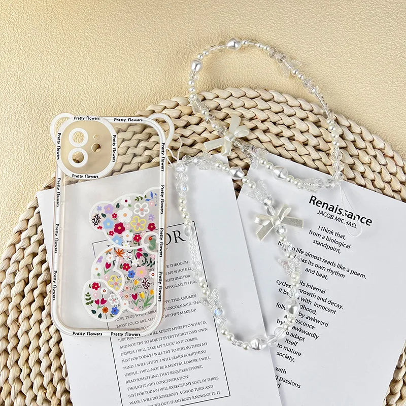 Coquette Cute Crystal Bowknot Pearl Beaded Phone Strap