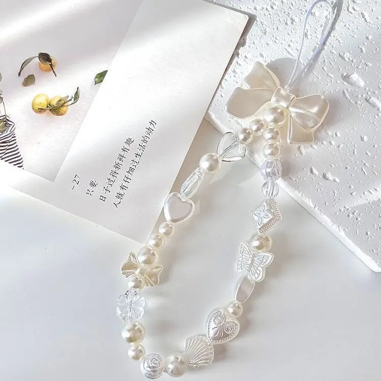 Coquette Sweet White Bow Beaded Phone Charm Lanyard