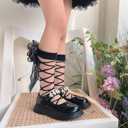 Coquette Sweet Lace Bow Ribbon Calf Socks