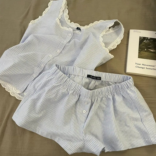 Striped Women’s Sleeveless Pajama Set with Lace Trim Summer Homewear