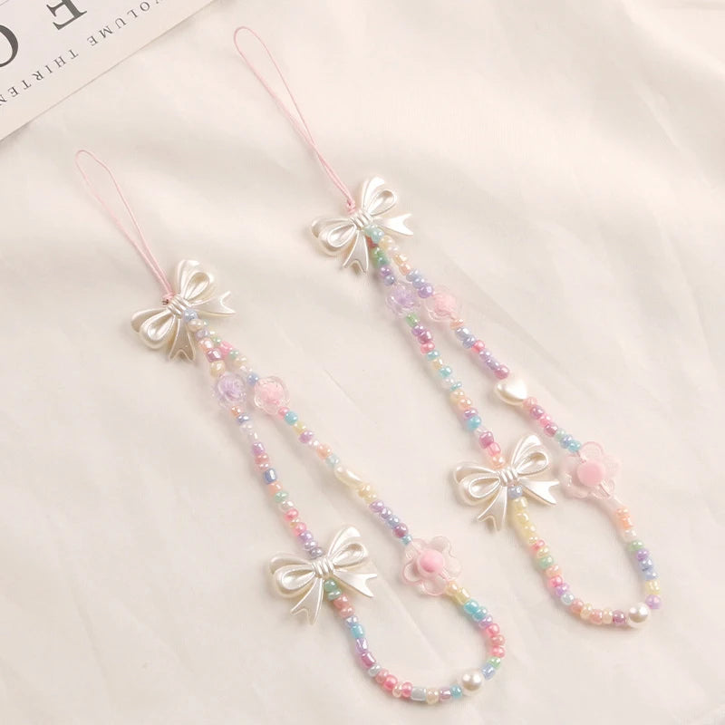 Coquette Cute Crystal Bowknot Pearl Beaded Phone Strap