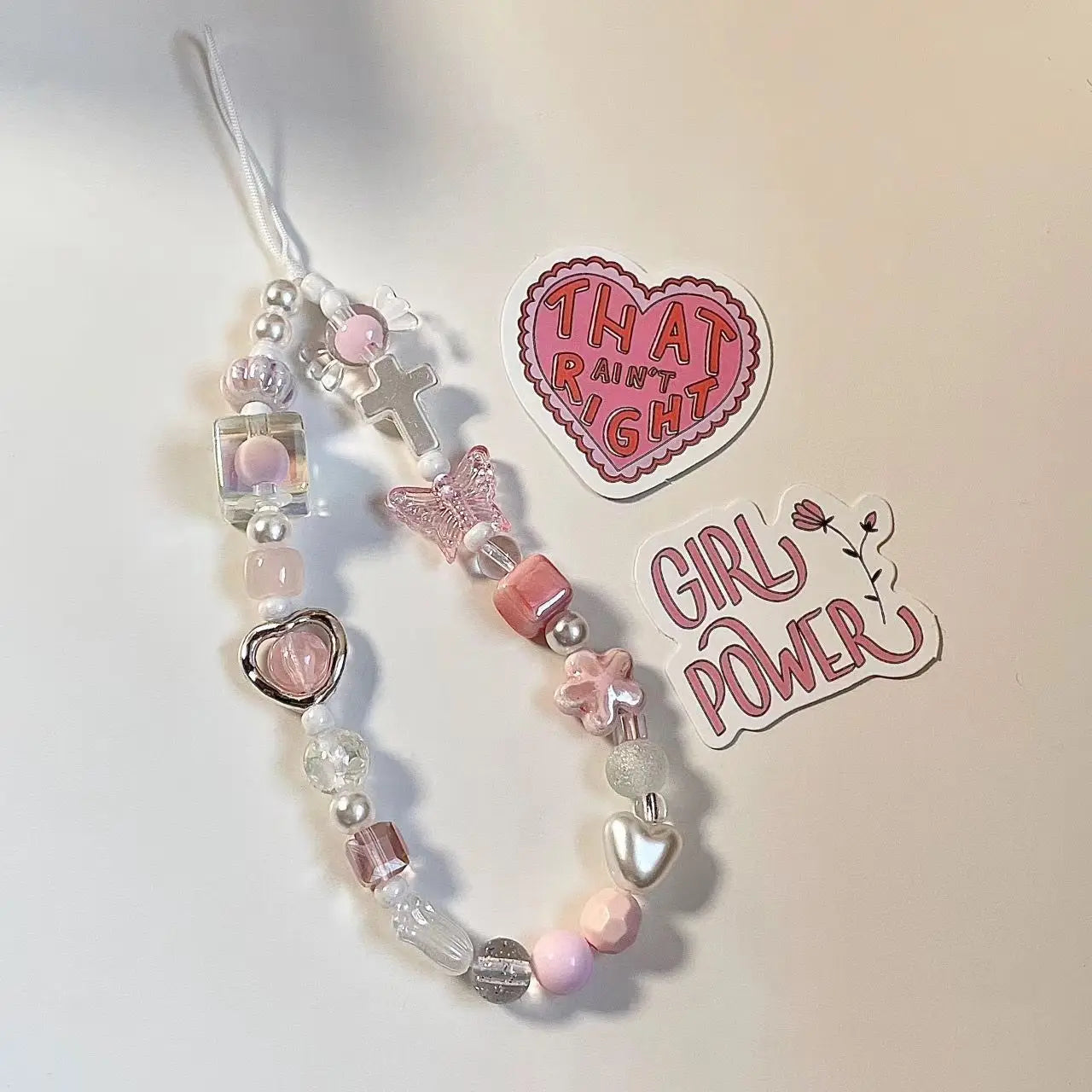 Coquette Pink Heart & Butterfly Beaded Phone Strap Charm