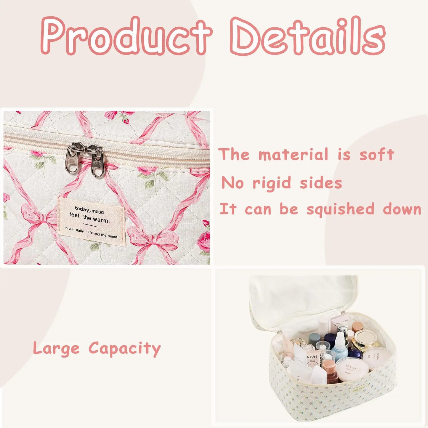 Cute Quilted Cotton Makeup Bag - Portable Zipper Cosmetic Organizer for Women and Girls