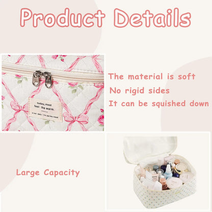 Cute Quilted Cotton Makeup Bag - Portable Zipper Cosmetic Organizer for Women and Girls