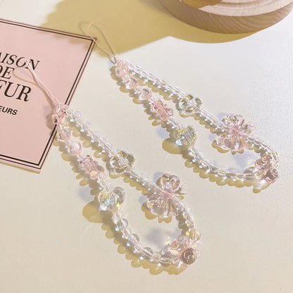 Coquette Pink Floral Charm Beaded Phone Strap Set