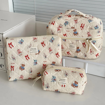 Cute Quilted Cotton Makeup Bag - Portable Zipper Cosmetic Organizer for Women and Girls