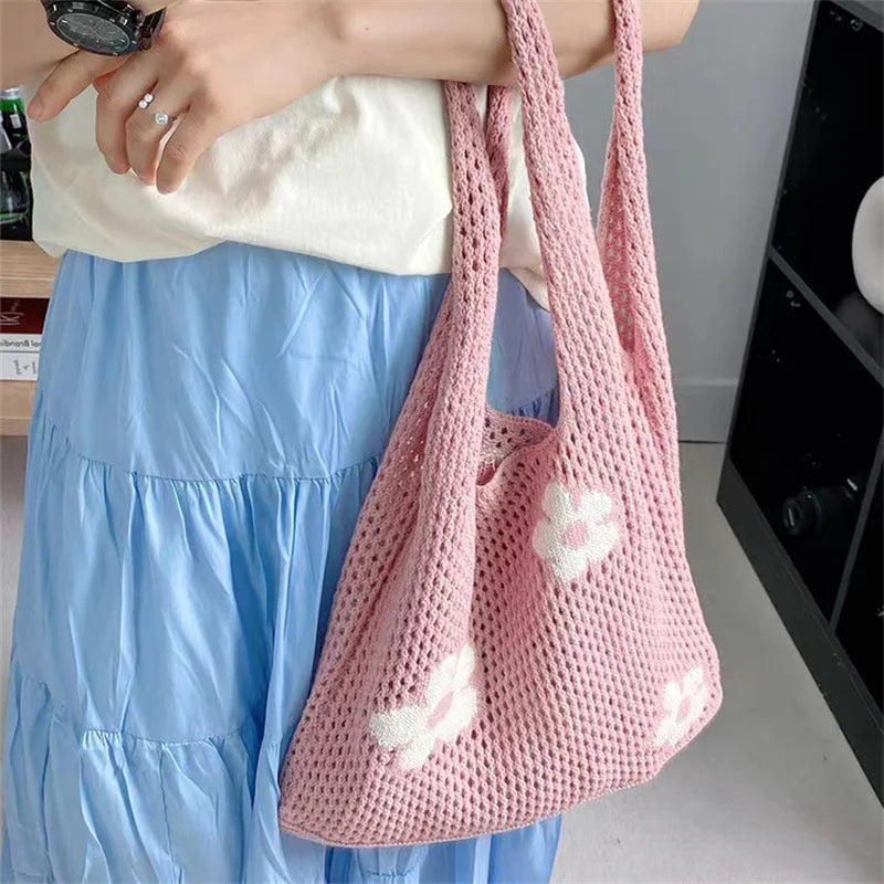 Sweet Flower Knitted Tote Bag