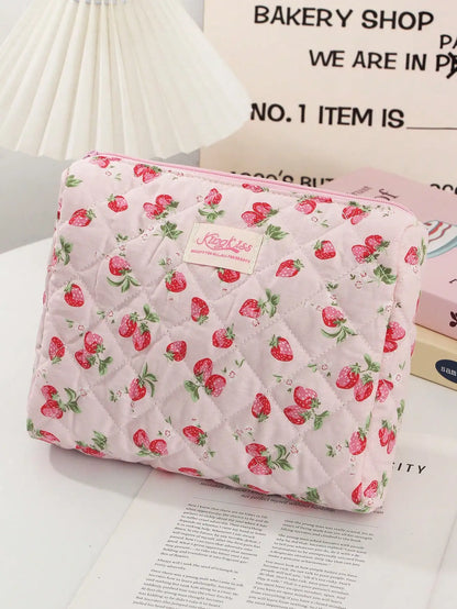 Coquette Pink Strawberry Quilted Makeup Bag