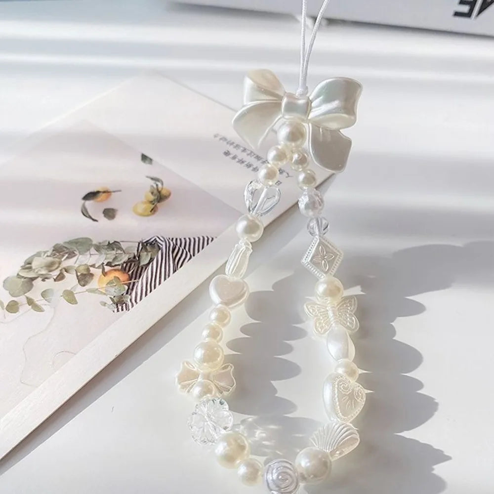Coquette Sweet White Bow Beaded Phone Charm Lanyard