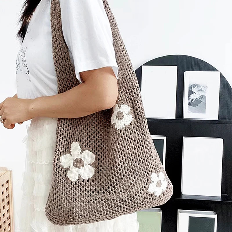 Sweet Flower Knitted Tote Bag