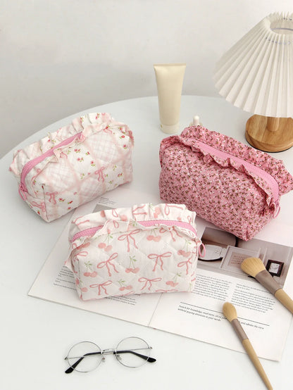 Coquette Floral Quilted Makeup Pouch Set