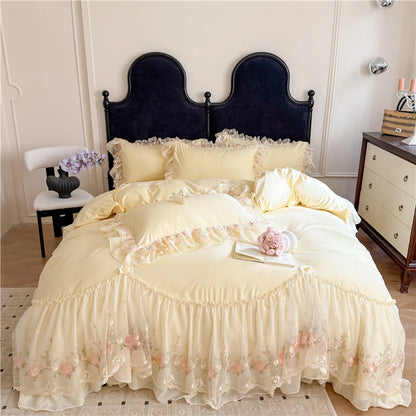Coquette Dreamy Princess Lace Floral Embroidery Bedding Set