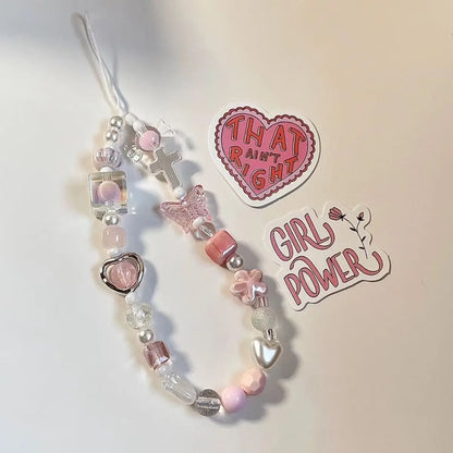 Coquette Pink Heart & Butterfly Beaded Phone Strap Charm