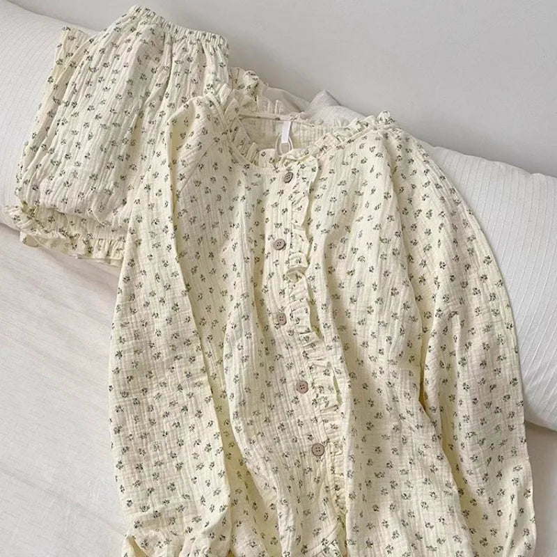 Coquette Soft Floral Ruffled Two-Piece Pajama Set