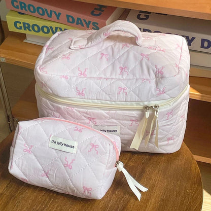 Coquette Pink Bowknot Quilted Cosmetic Bag
