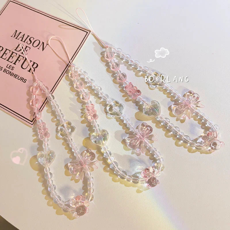 Coquette Pink Floral Charm Beaded Phone Strap Set