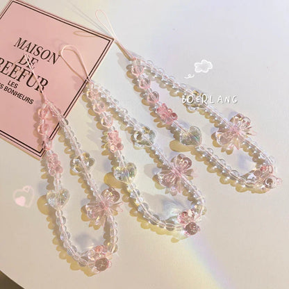Coquette Pink Floral Charm Beaded Phone Strap Set