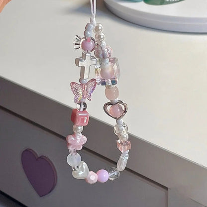 Coquette Pink Heart & Butterfly Beaded Phone Strap Charm