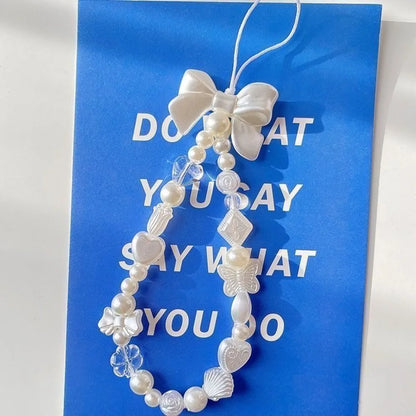 Coquette Sweet White Bow Beaded Phone Charm Lanyard